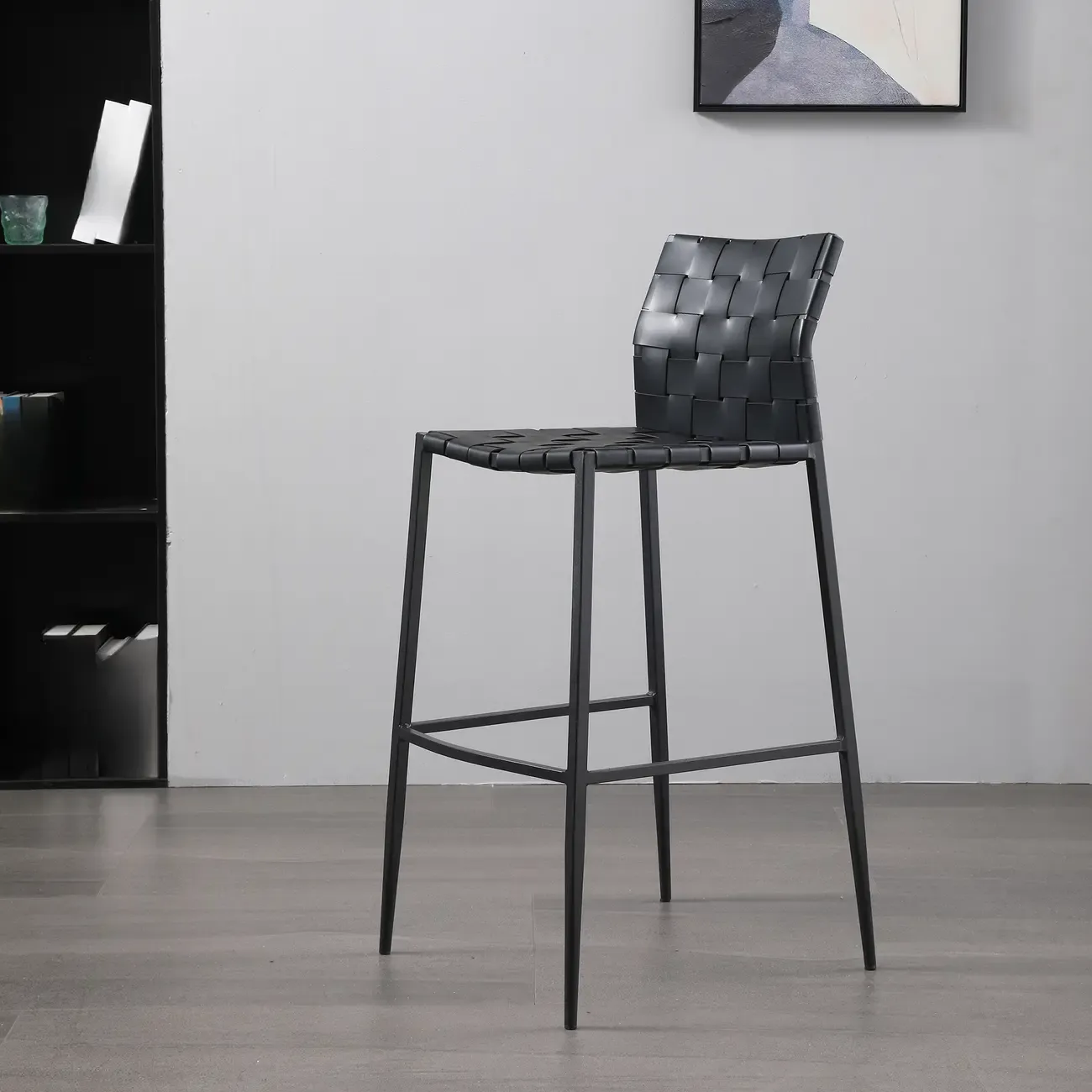 Modern Leather Seat Woven Textured Bar Stools with Back