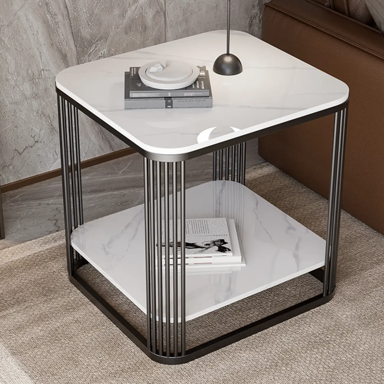 Sleek Square Stone Top Metal Frame Side Table in White/Black