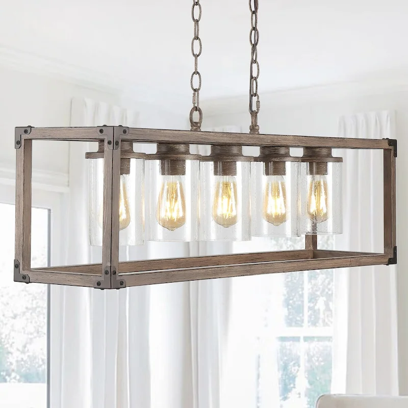Darlene 36  5-Light Linear Adjustable Iron/Seeded Glass Rustic Farmhouse LED Pendant, Brown by JONATHAN Y