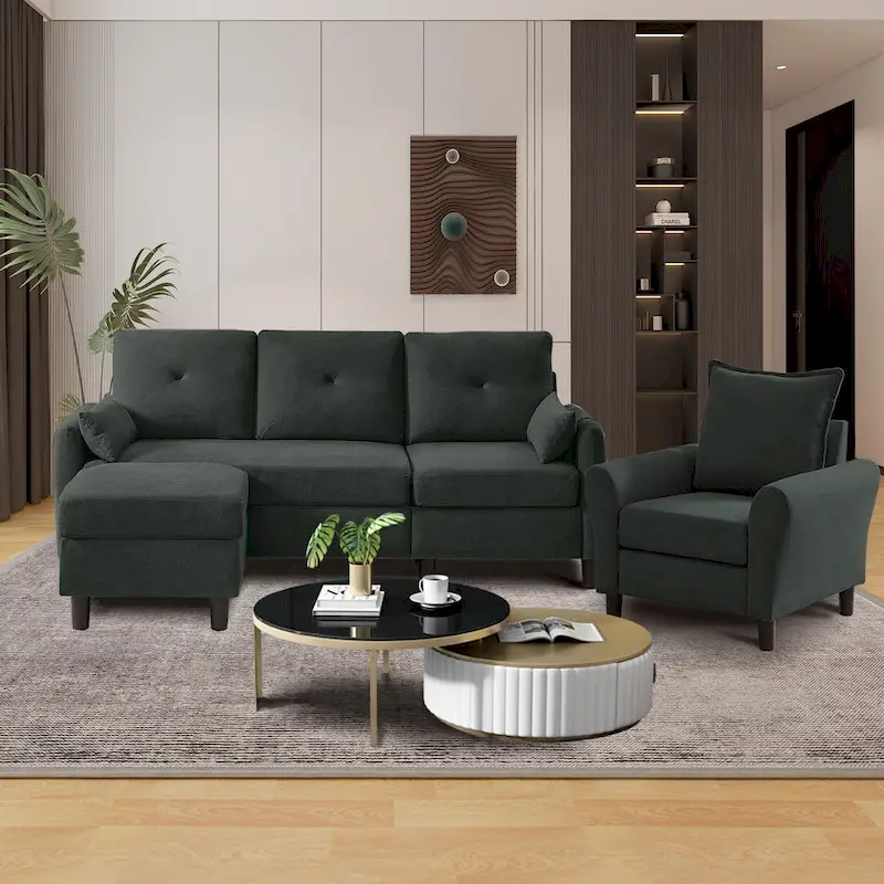 3-Pieces Sectional Sofa Set with Ottoman and Chair