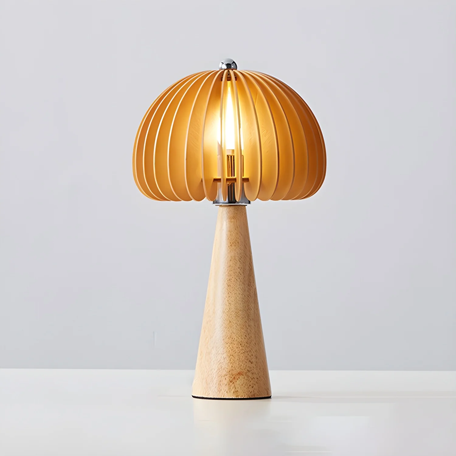 Art Deco Yellow Wooden Mushroom-Shaped LED Table Lamp