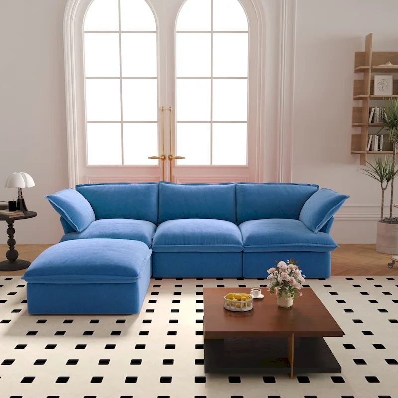 Cloud Sectional Sofa Down Feather Modular Couch L-shaped Velvet Wide Deep Seat Convertible Sofa.