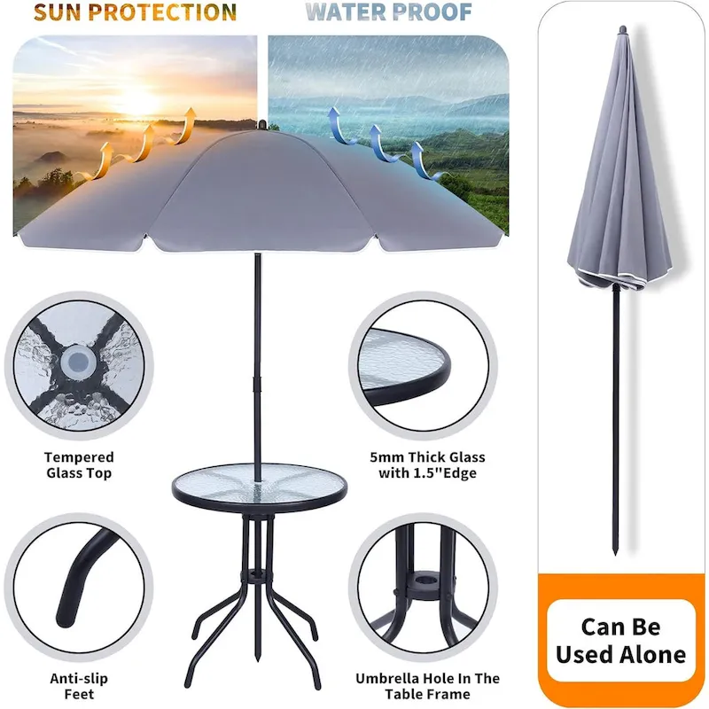 4 Piece Patio Dining Set, Garden Furniture Bistro Set with Tilted Removable Umbrella, 2 Folding Chairs, Round Glass Table (Grey)