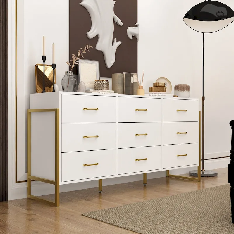 61.4 W Modern Black Dresser with 9 Spacious Drawers - Gold Handles
