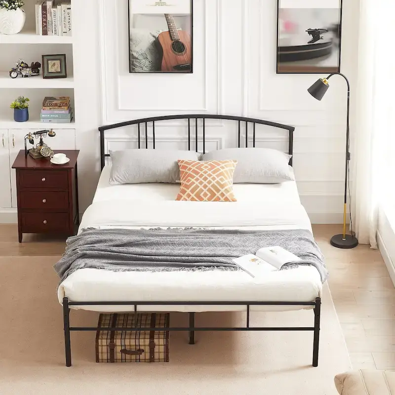 Modern Metal Bed Frames with Curved Headboard, No Box Spring Needed, Black