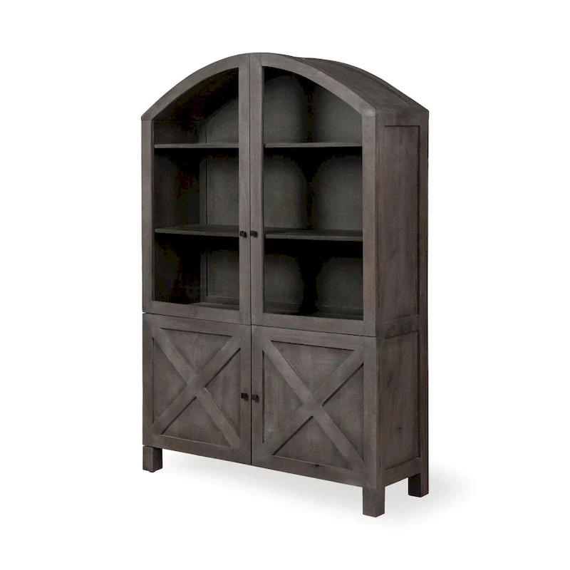Dark Grey Solid Mango Wood Display Cabinet with Glass Doors & Arched Top