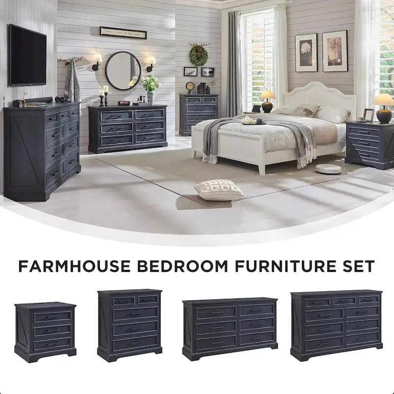 9-Drawer Dresser, Farmhouse, Blue/Grey/Brown/Off White/Black, Engineered Wood