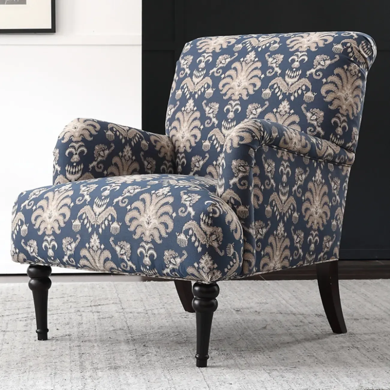Striped Fabric Barrel Chair in Cerulean with Armrests