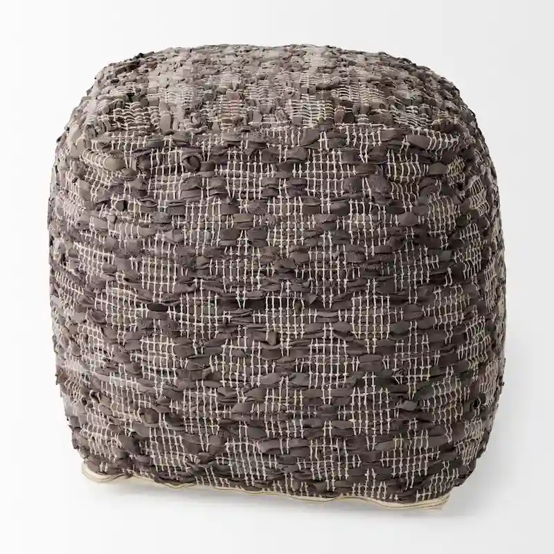Mercana Falguni Grey Patterned Leather & Cotton Square Pouf