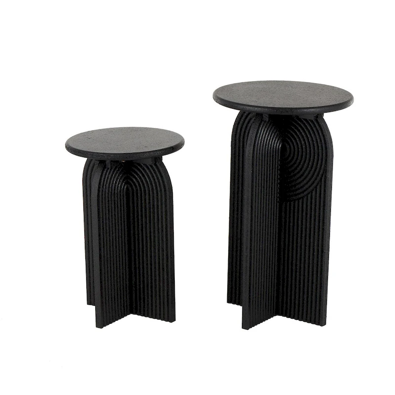 Wood Geometric Sandstone Carved Art Deco Arched Pedestal Side End Accent Table - Set of 2 Black - Roche River Decor