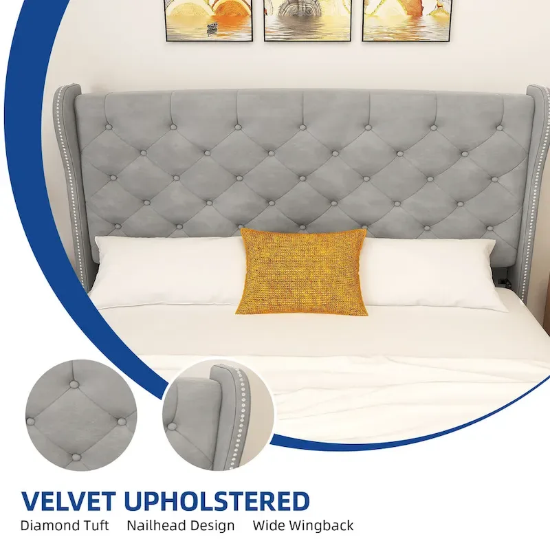 King Wingback Platform Bed, Grey, Velvet Tufted, Headboard & Footboard, Seats 2