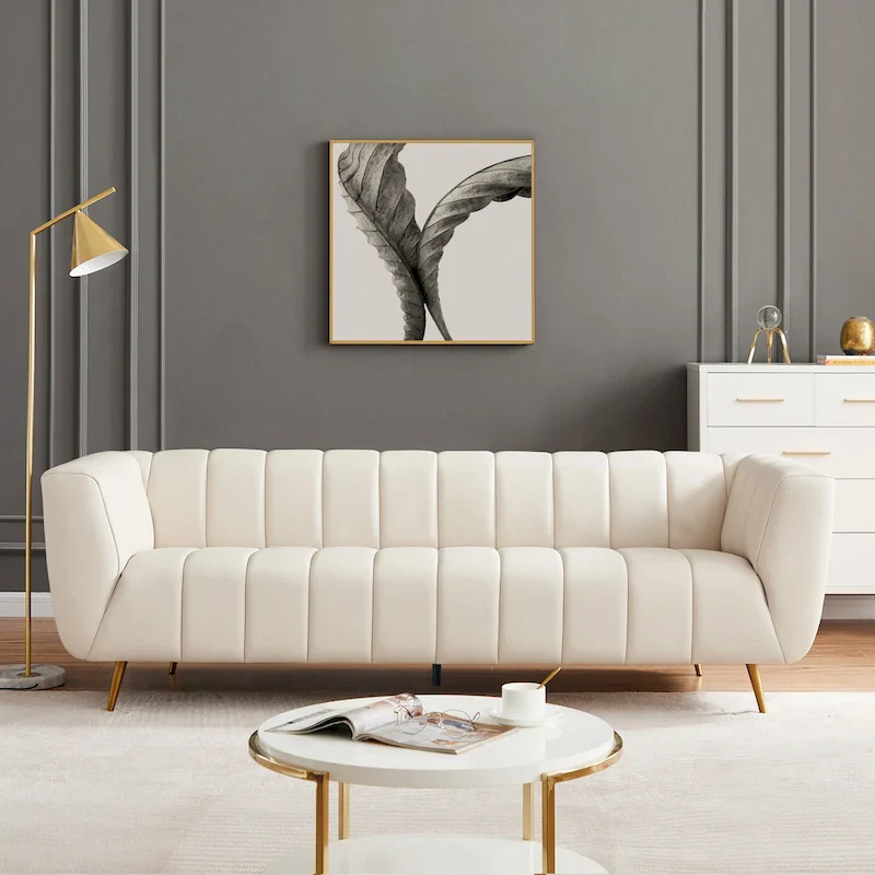 Clovis Mid-Century Modern Furniture Style Upholstered Leather Couch in Cream