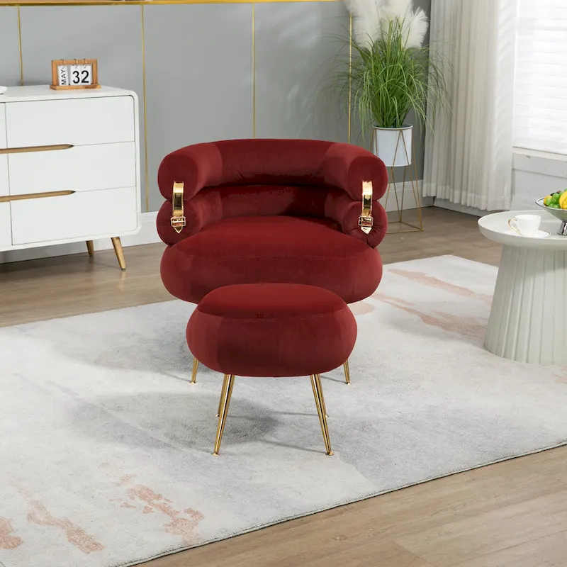 Wine Red Upholstered Barrel Chair with Ottoman and Metal Legs