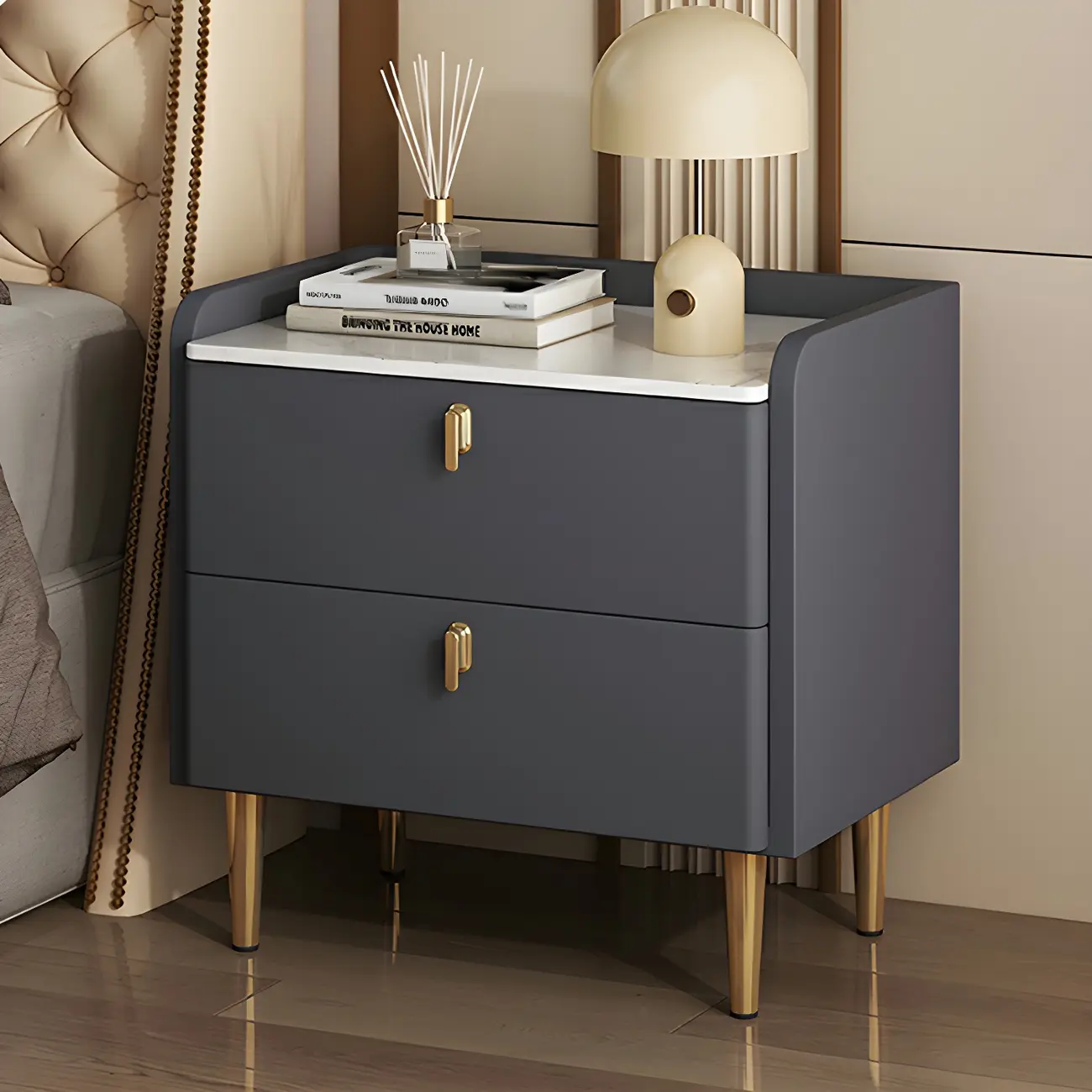 Modern Leather Stone Top Gold Accents 2-Drawer Nightstand