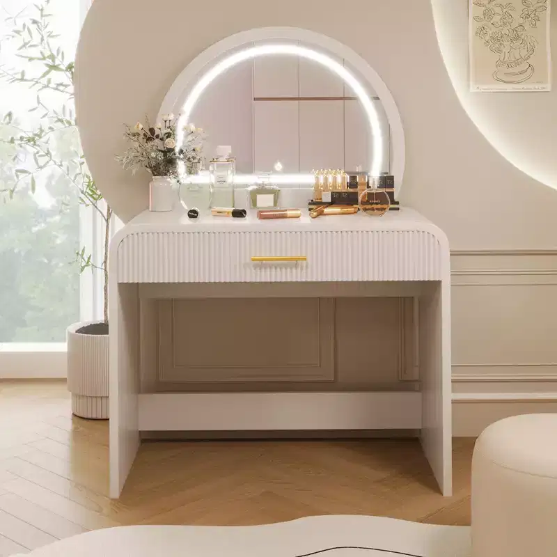 40W Dressing Table Vanity Table Makeup Table with Touch Screen Lighted Mirror and Large Drawe, White-ModernLuxe