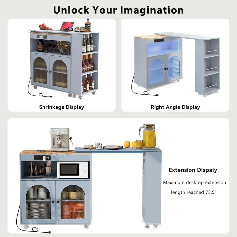 56.3 in. W Kitchen Island with Extended Table, LED Lights and Side 3 Open Shelves