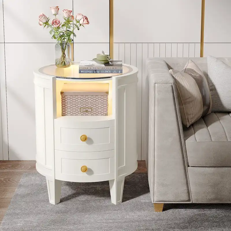 25.5 Inches Tall Round Nightstand Side Table with 2 Drawers LED Light Open Shelf for Bedroom Sofa Side