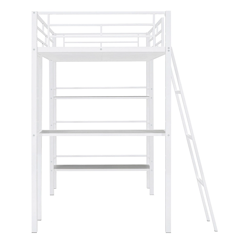 White Twin Loft Metal Bed with Shelves