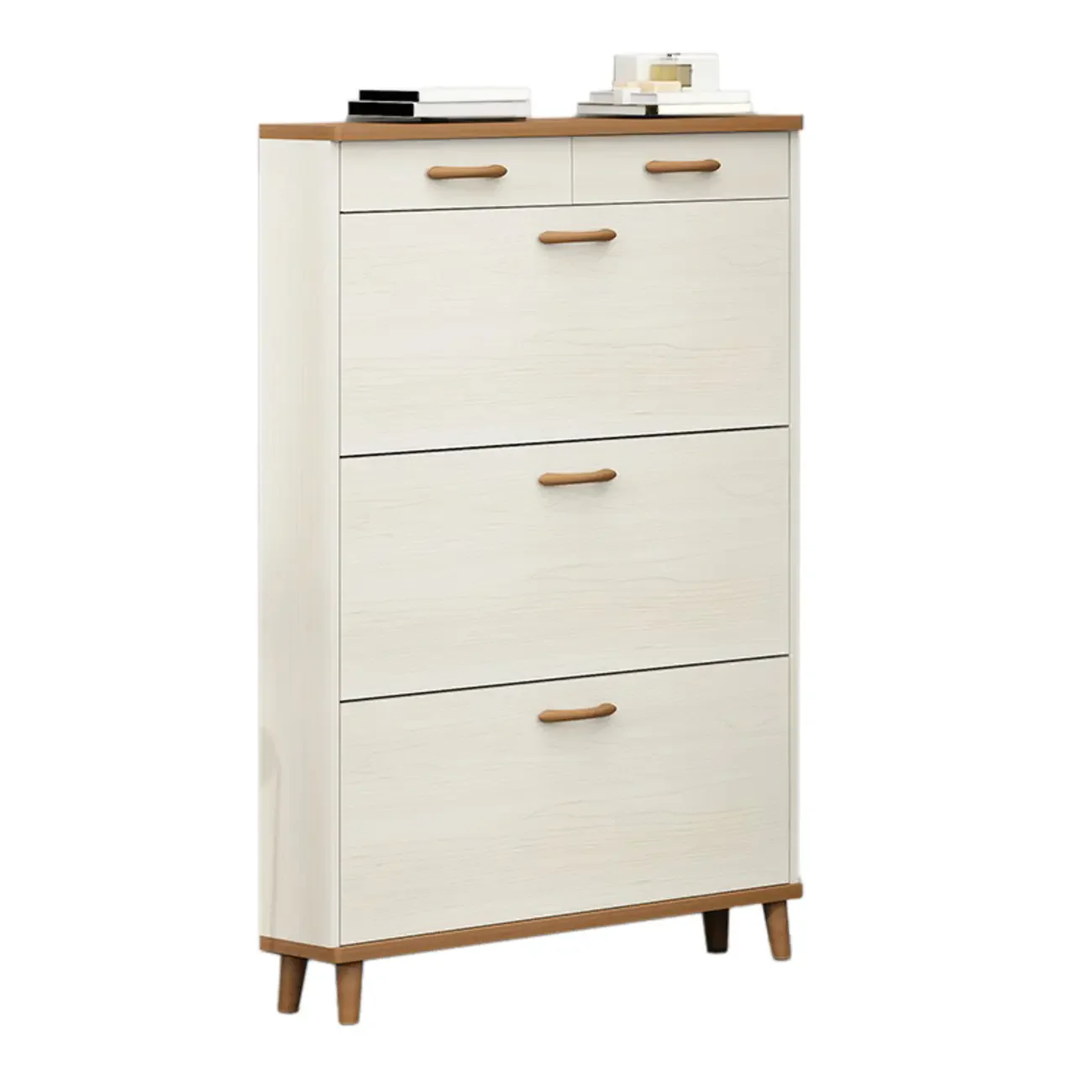 Narrow Beige Solid Wood Drop Front Shoe Cabinet