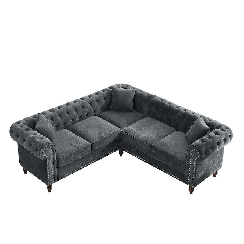 Deep Button Rolled Arm Classic Chesterfield L Shaped Sectional Sofa