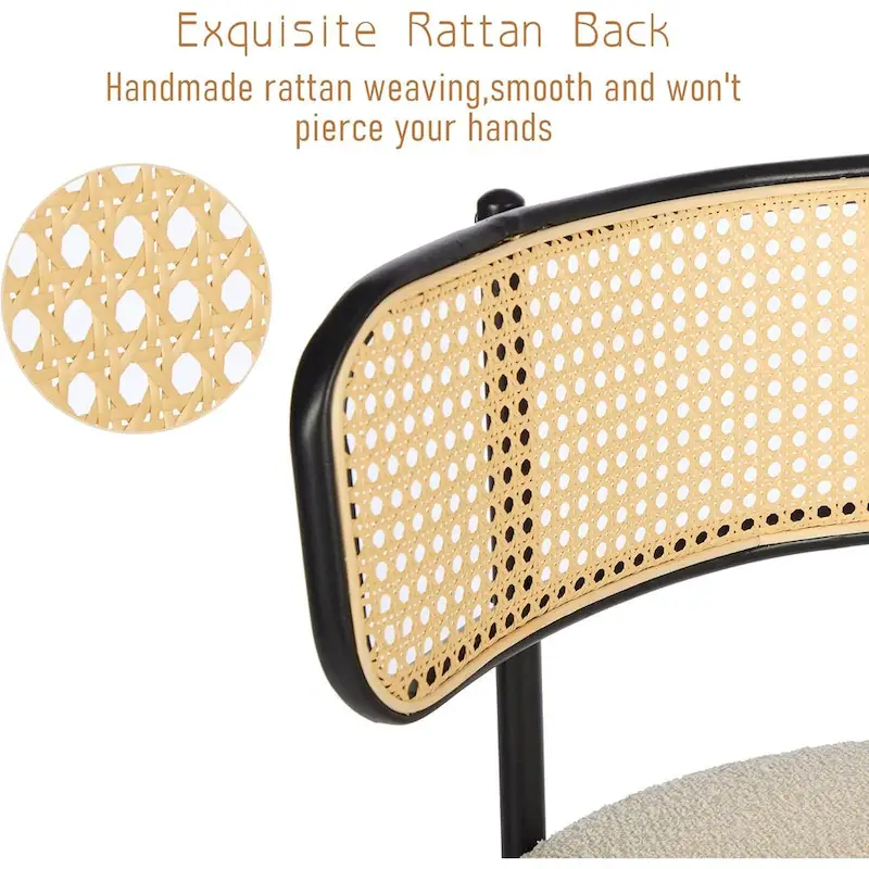 XINMICS Mid-Century Modern Dining Chairs, Boucle Upholstered Metal Side Chair with Rattan Cane Back, Set of 2 - set of 2