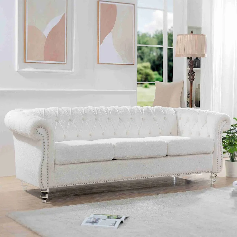White Rolled Arm Chesterfield 3-Seater Sofa