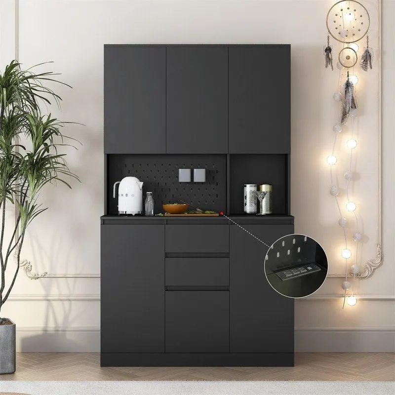 Kitchen Pantry Cabinet with Microwave Stand and 2 Drawers, Freestanding Buffet Cupboards Sideboard with Charging Station