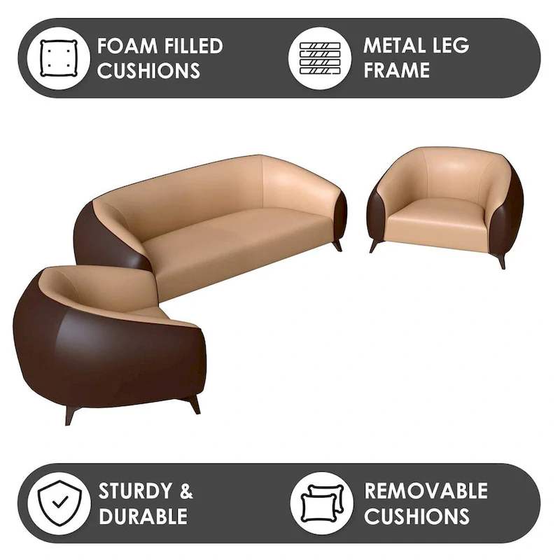 3-Piece Modern Sofa Set with Vegan Leather, Solid Wood Frame, Steel Legs, Foam Cushions for Living Room