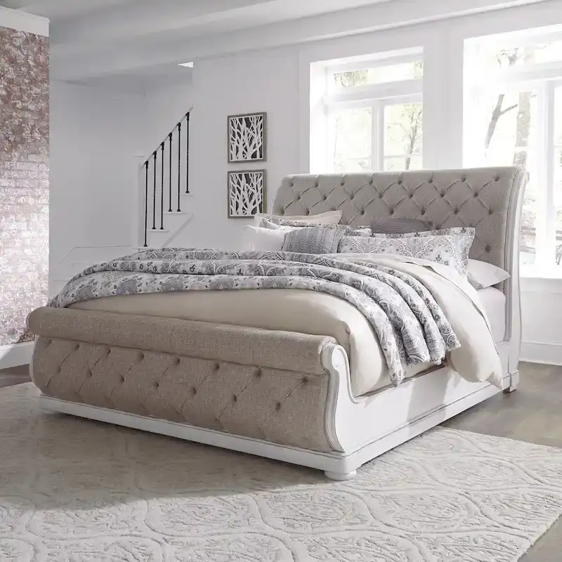 Antique White Tufted Upholstered Sleigh Bed
