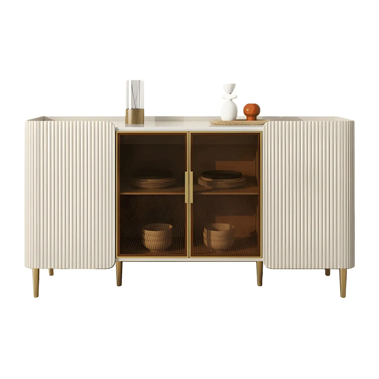Glam Off-White Stone Countertop Sideboard with Shelves