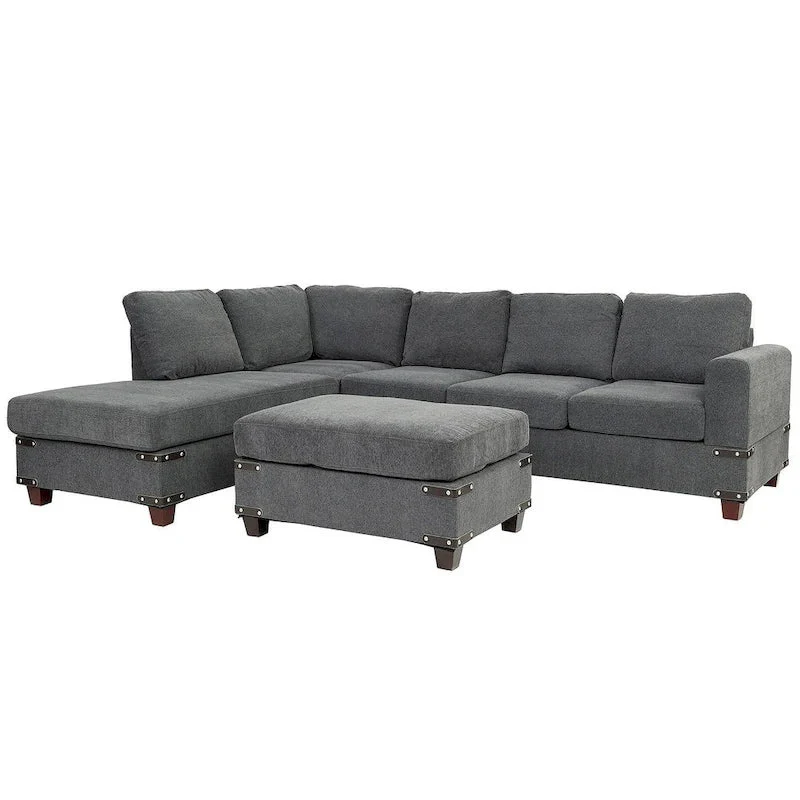 Poundex 3 Piece Fabric Sectional Sofa Set with Ottoman