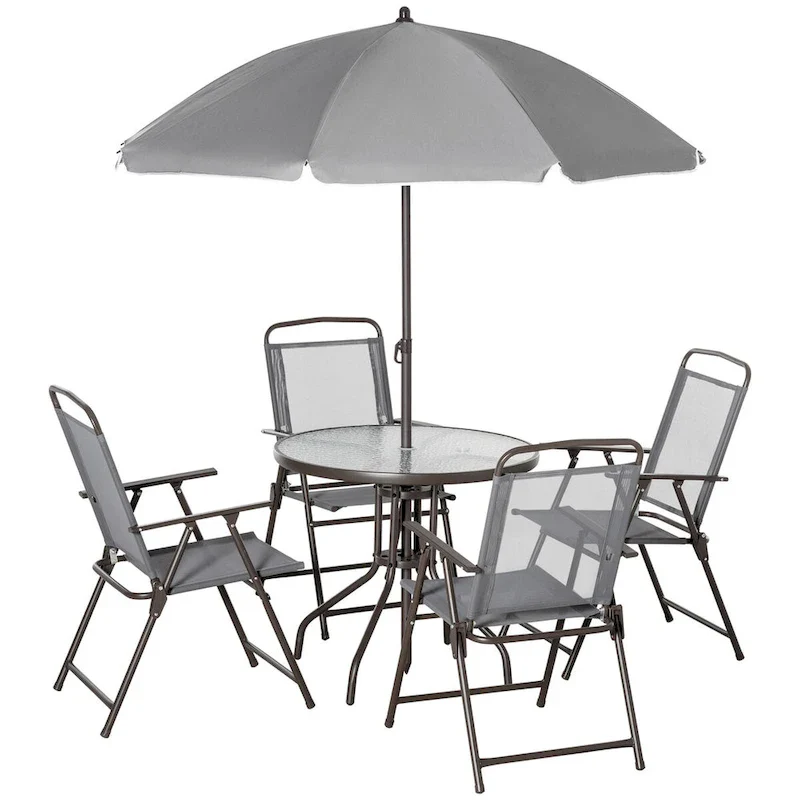 6 Piece Patio Dining Set for 4 with Umbrella, Outdoor Table and Chairs with 4 Folding Dining Chairs & Round Glass Table