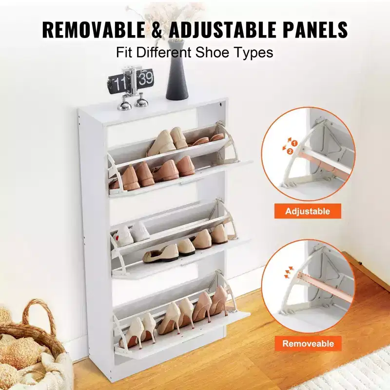 3-Flip Drawer Shoe Cabinet with Side Hooks – White, Freestanding, Holds 15 Pairs