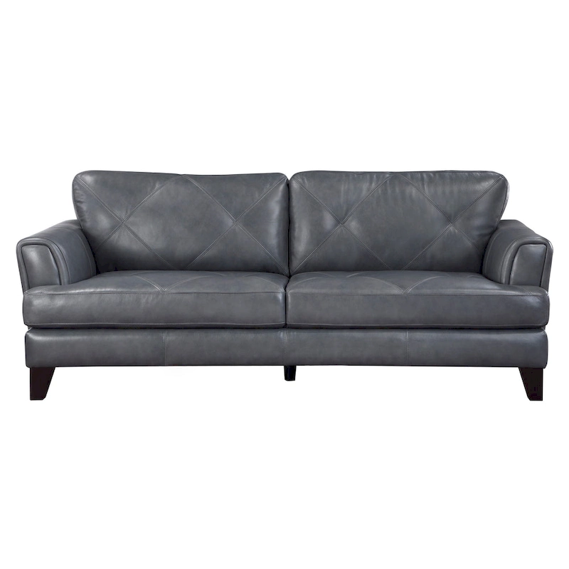 Lisa 88 Inch Sofa, Gray Top Grain and Split Leather, Brown Solid Wood