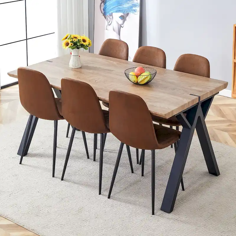 Modern Dining Set with Rectangular Black A-Frame Table & Round Backrest Chairs