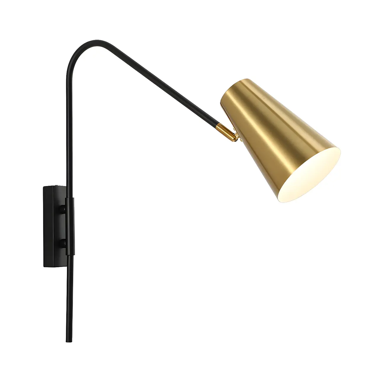 Simple Metal Black Swing Arm Brass Cone Shade Wall Light
