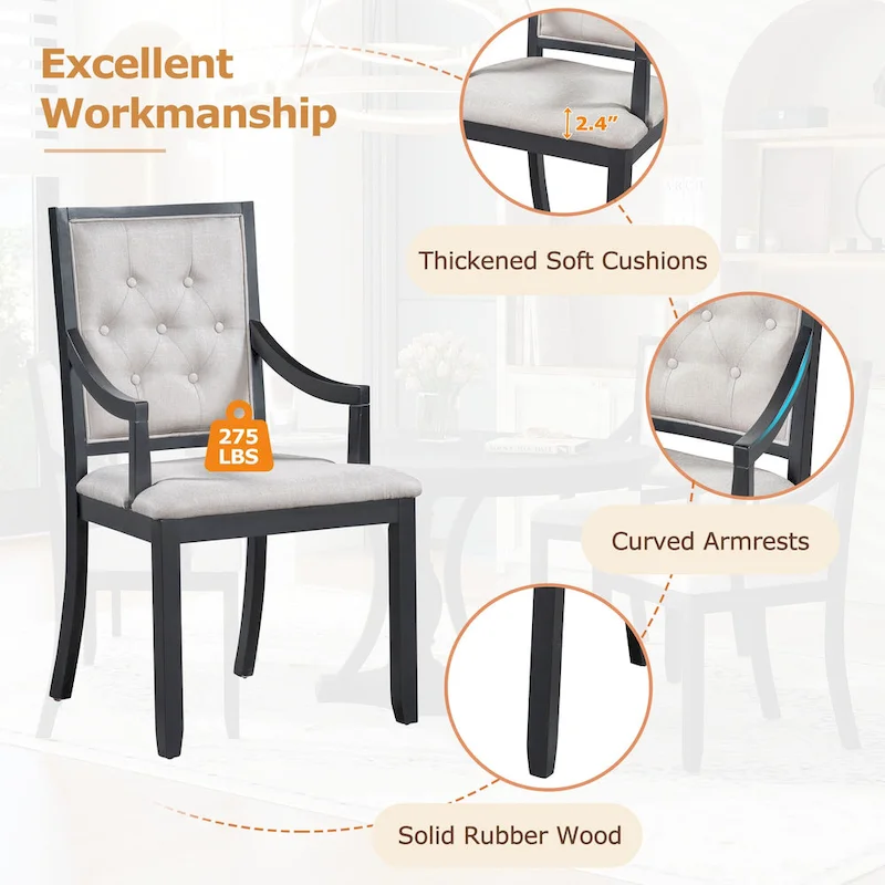 Black 5-Piece Wooden Dining Table Set with Extendable Round Table & 4 Armchairs