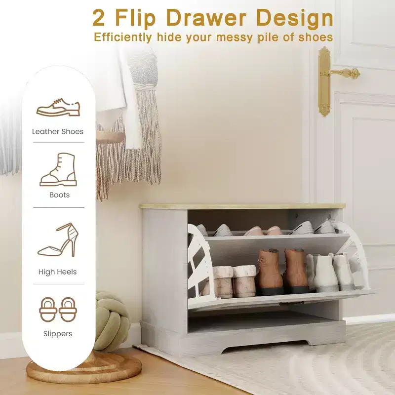 AndMakers 17.71 in. H x 23.62 in. W Antique White Shoe Cabinet with 1 Flip Drawer and Adjustable Shelf