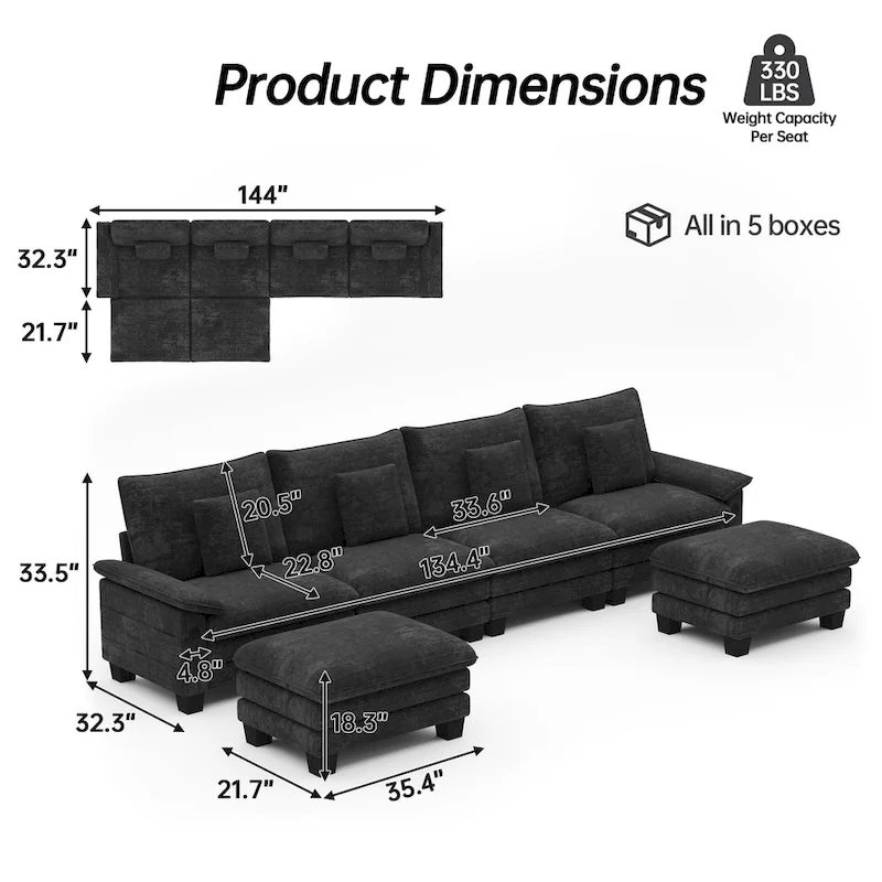 144 Modular Compression Sofa Set Convertible Sectional Sleeper Couch with 2 Ottomans