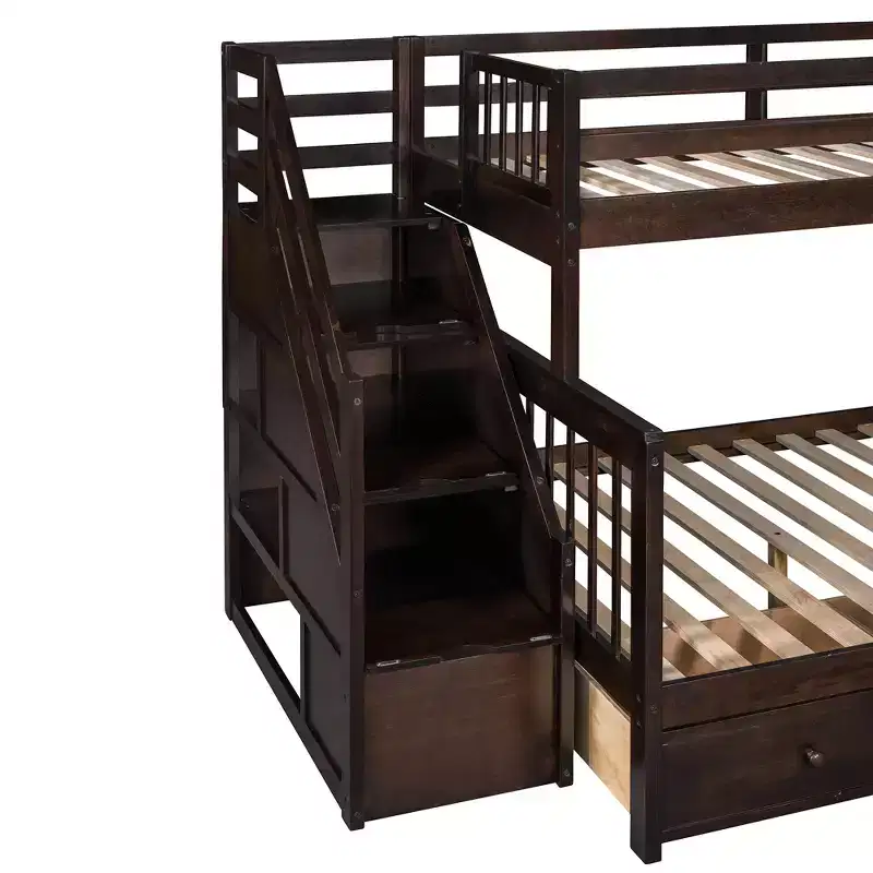 Stylish Design Twin over Full L-Shaped Bunk Bed With 3 Drawers, Ladder and Staircase