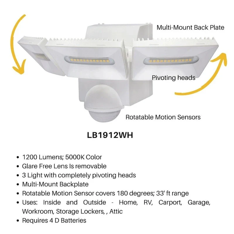 IQ America 1200 Lumen Battery Operated LED Motion Security Flood Light Wall Eave Mount