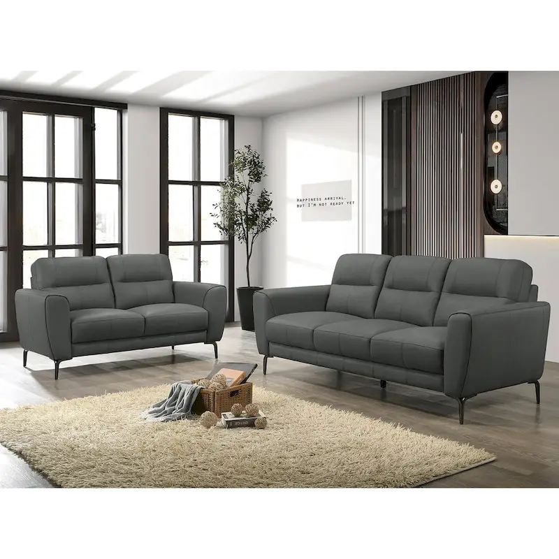 2 Piece Faux Leather Sofa Set with Triangular Chrome Legs
