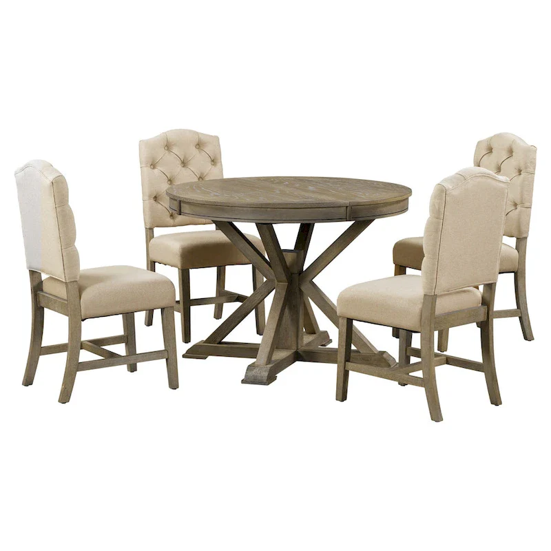 Functional Dining Table Set with Extendable Table and 4 Upholstered Chairs