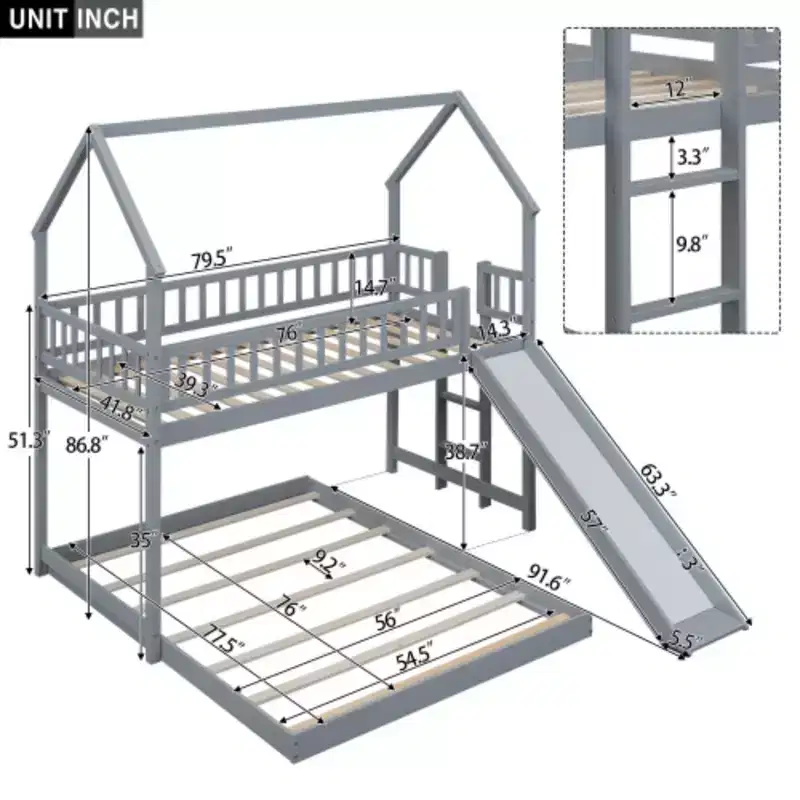 Twin over Full House Bunk Bed with Slide and Built-in Ladder, Full-Length Guardrail, Gray