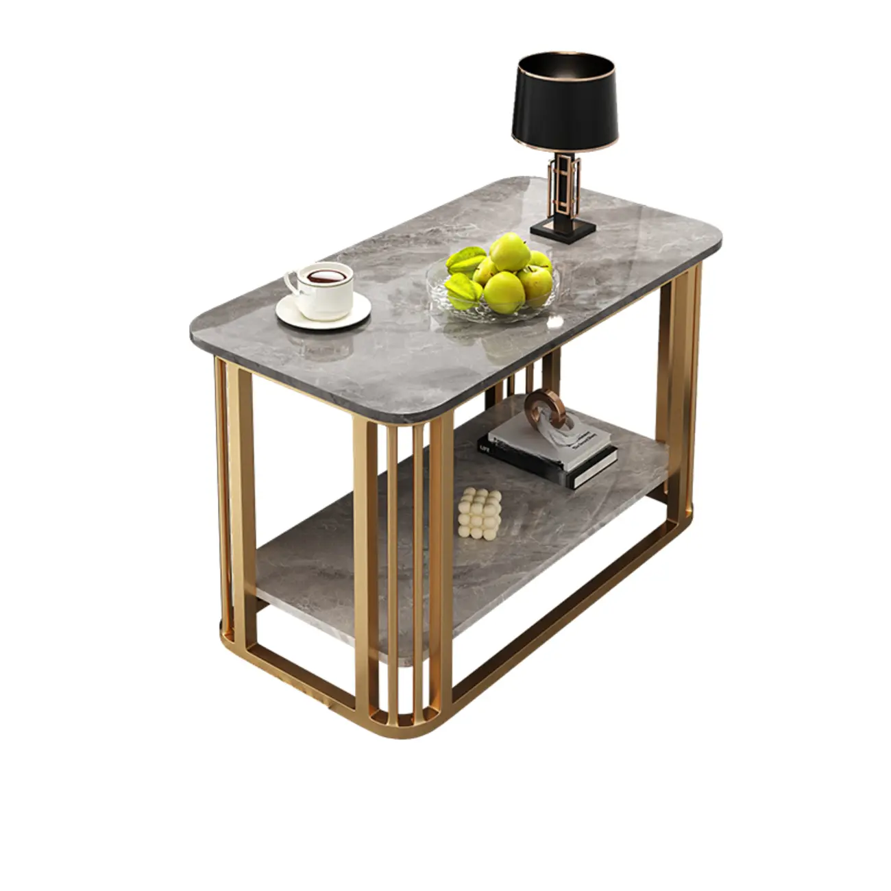 Luxury Rectangular Gold 2-Tier Coffee Table with Stone Top