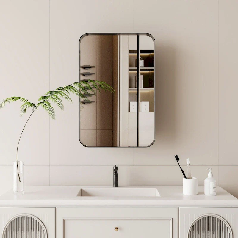 16x24 Inch Recessed Black Metal Framed Medicine Cabinet with Mirror and Adjustable Shelves - 16x24 Inch