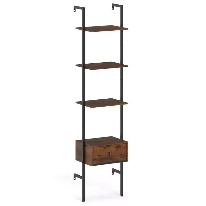 Costway 5-Tier Bookshelf w/ Drawer 70 Wall Mount Ladder Bookcase w/ Metal Frame