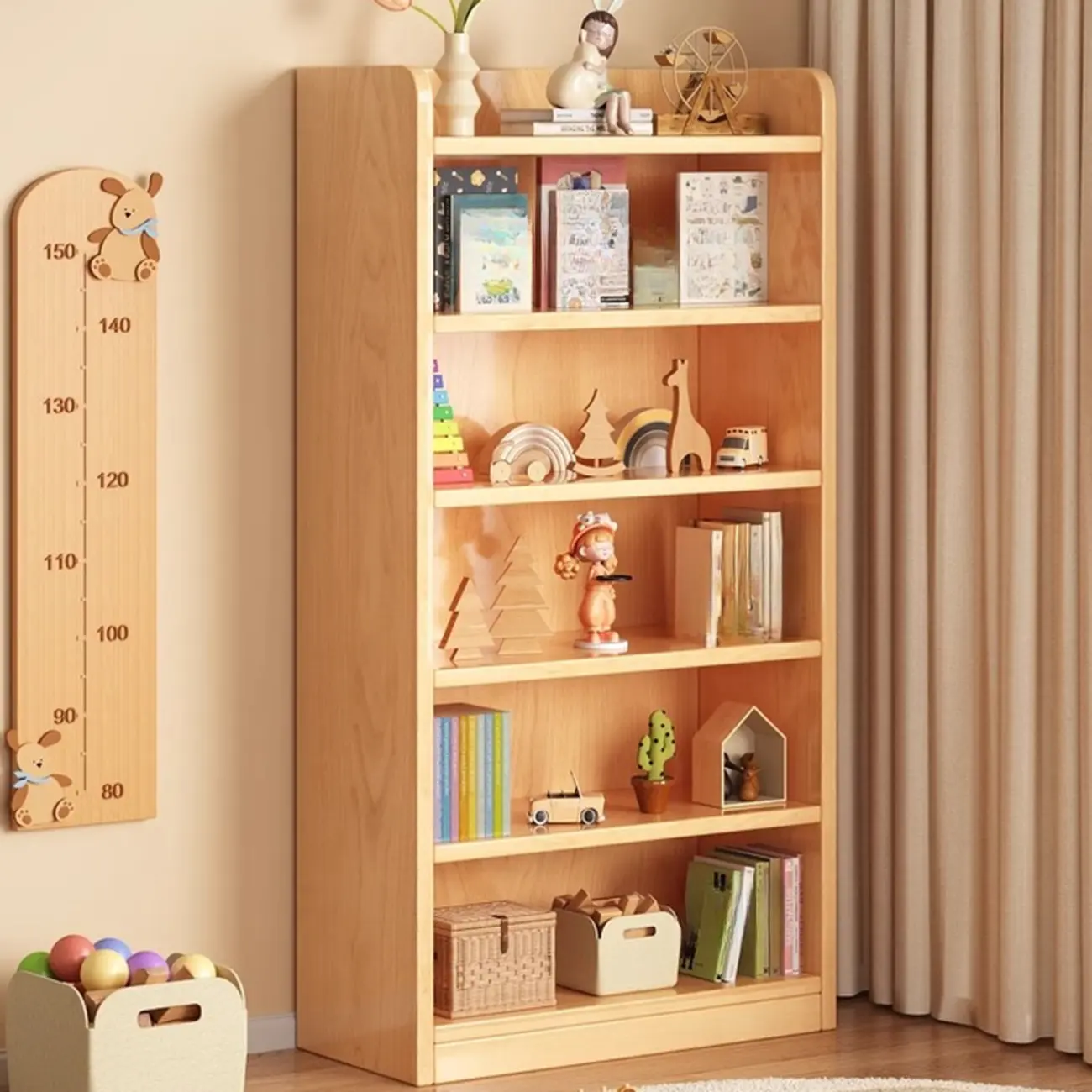 Narrow Vertical Modern Wooden Bookcase in Natural Finish
