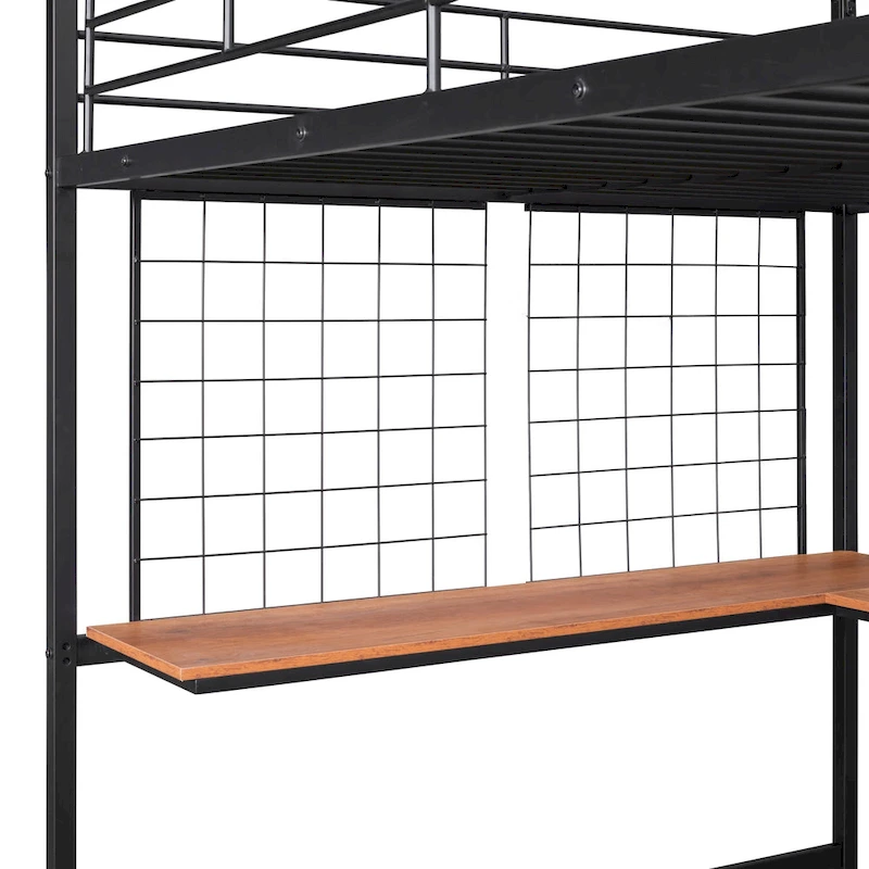 Full Metal Loft Bed with Desk and Metal Grid, Black