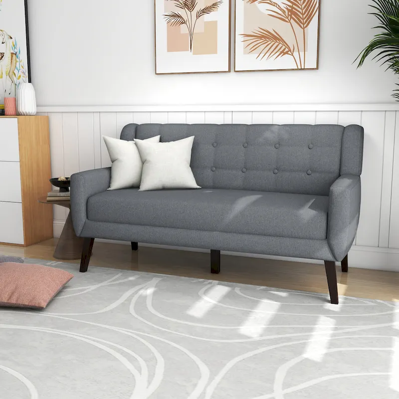 Tufted Linen/Cotton 2-Seater Sofa with Pillows